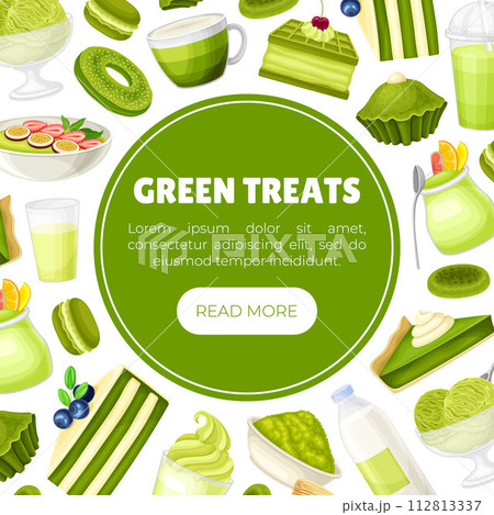 Green Dessert Banner Design with Sweet Pastry and Confection Vector Template 112813337