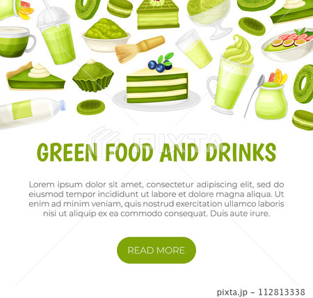 Green Dessert Banner Design with Sweet Pastry and Confection Vector Template 112813338