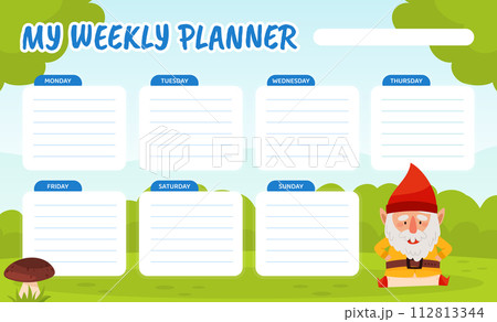 Weekly Planner with Fantastic Gnome Character in Red Pointed Hat Vector Set 112813344