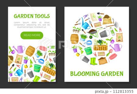 Garden Tools Banner Design with Handy Instrument Vector Template 112813355