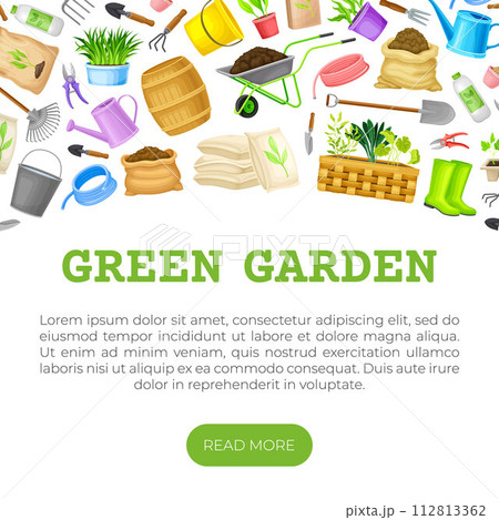 Garden Tools Banner Design with Handy Instrument Vector Template 112813362