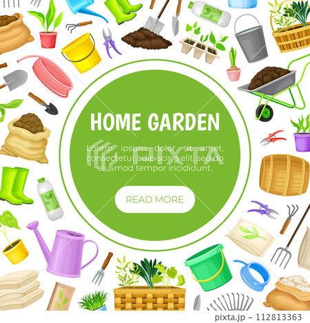 Garden Tools Banner Design with Handy Instrument Vector Template 112813363