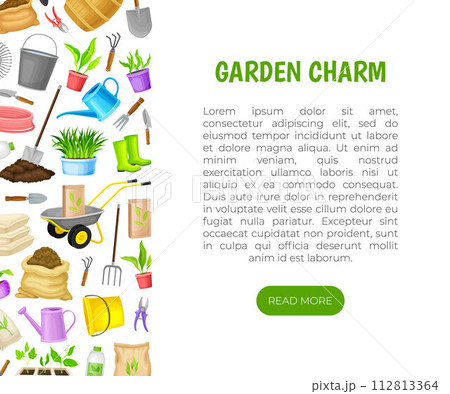 Garden Tools Banner Design with Handy Instrument Vector Template 112813364