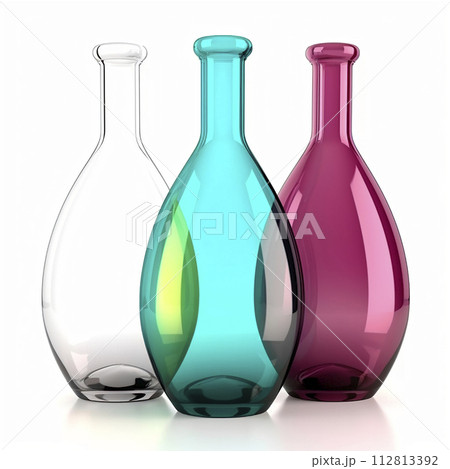 Three glass bottles of different colors - red, blue, and green - are arranged next to each other.  Sunlight reflects off the smooth surfaces, creating colorful and vibrant display. 112813392
