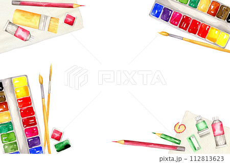 watercolor paint, brushes, pencil, sharpener, sketchbook drawn in watercolors 112813623
