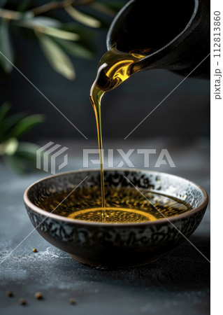 Bottle pouring virgin olive oil in a bowl on gray stone 112813860