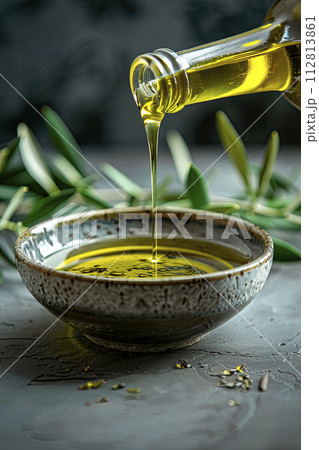 Bottle pouring virgin olive oil in a bowl on gray stone 112813861