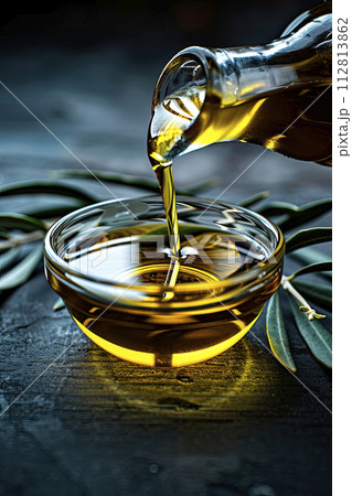 Bottle pouring virgin olive oil in a bowl on wooden table. Ai generative 112813862