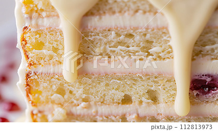 a mouthwatering close-up shot of a slice of freshly baked cake dripping with decadent jam ganache a mouthwatering close-up shot of a slice of freshly baked cake dripping with decadent jam ganache 112813973