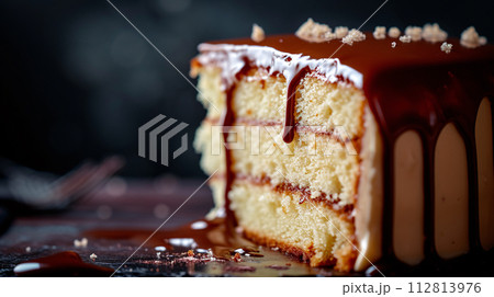 a mouthwatering close-up shot of a slice of freshly baked cake dripping with decadent jam ganache 112813976