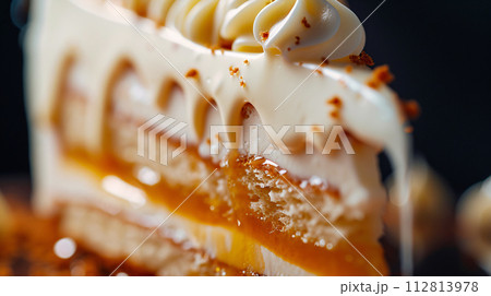 a mouthwatering close-up shot of a slice of freshly baked cake dripping with decadent jam ganache 112813978