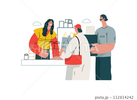 Mutual Support: Bringing groceries to food bank -modern flat vector concept illustration of people donating food to food pantry A metaphor of voluntary, collaborative exchanges of resource, services 112814242