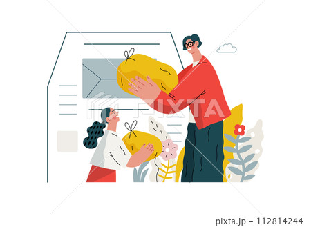 Mutual Support Giving clothes to donation bins -modern flat vector concept illustration of people placing bags of clothes into drop-off box A metaphor of voluntary, collaborative exchanges of resource 112814244