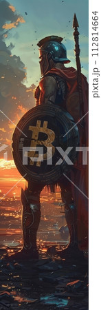 Bitcoin Spartan, shield displaying market graphs, dusk, strategic trade combat  , minimalist 112814664