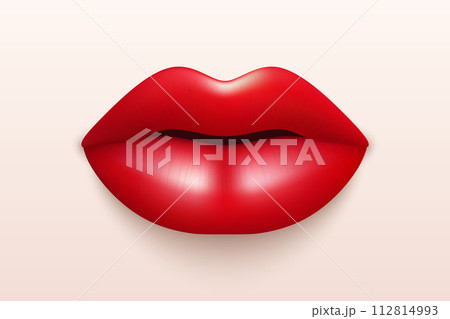 Vector 3d Realistic Red Female Lips. Love, Sexy, Beauty Concept. Fashion, Makeup, Romance Vector Illustration. Glamorous Woman Glossy Lips Closeup. Sensual and Seductive Lipstick Design in Vibrant Red 112814993