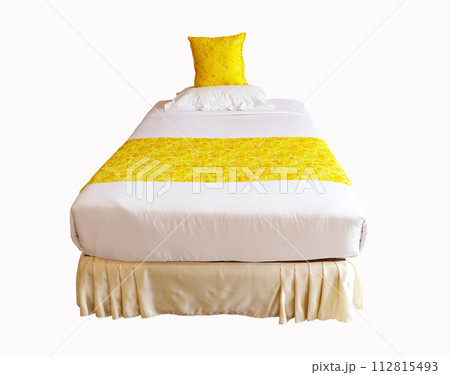 White bed with stripes isolated on white background. Comfortable bed with soft white mattress and pillows indoors and yellow blanket. Small bed can only accommodate one person in hotel or apartment.	 112815493