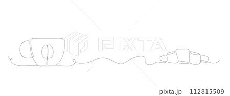 Linear hot coffee tea with fresh croissant vector banner. Simple line elements poster for menu. 112815509