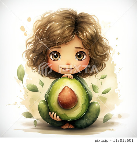 cute girl with fresh juicy watercolor avocado isolated on white background 112815601