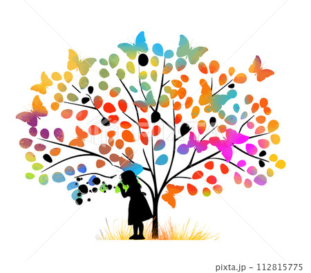 A Silhouette of a young girl blowing bubbles. Beautiful rainbow tree with butterflies. hand drawing. Not AI, vector 112815775