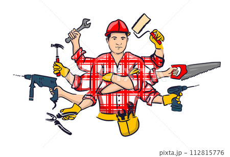 Technical repair. Banner call technician. Repairman hold wrench and tool box in hand. Vector illustration flat design. Worker customer service. hand drawing. Not AI. Vector illustration 112815776