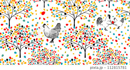 Chicken and trees. seamless background. Easter design. hand drawing. Not AI. Vector illustration 112815781
