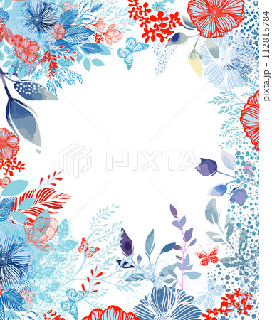Frame with blue and red flowers. hand drawing. Not AI, Vector illustration Frame with blue and red flowers. hand drawing. Not AI, Vector illustration 112815784