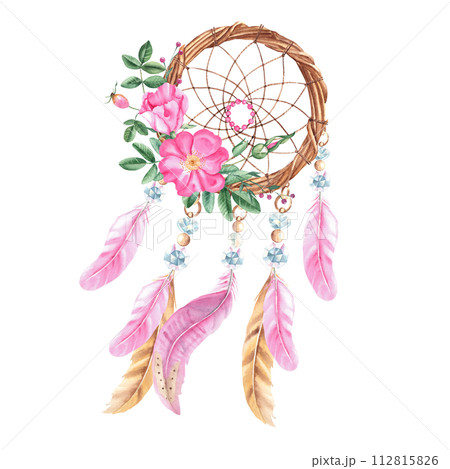 Dream catcher with beads, crystals, dog rose flowers and pink and beige feathers. Watercolor hand drawn illustration on a white background. Bohemian decoration, chic design. American culture mystery 112815826