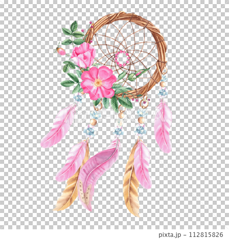 Dream catcher with beads, crystals, dog rose flowers and pink and beige feathers. Watercolor hand drawn illustration on a white background. Bohemian decoration, chic design. American culture mystery 112815826