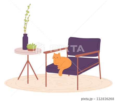 Cat sit on soft armchair. Cozy home interior 112816268