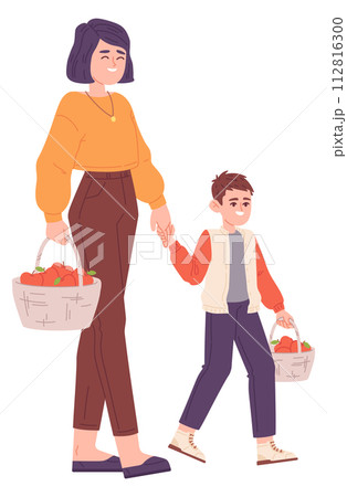 Happy mother and son with apple baskets together Happy mother and son with apple baskets together 112816300