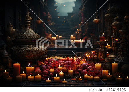 Pattern for Diwali. Bright festive design with candles. 112816398
