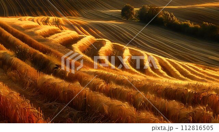 Golden hour on rolling wheat fields, warm light casting shadows. tranquil agriculture landscape photography. stock image. AI Golden hour on rolling wheat fields, warm light casting shadows. tranquil agriculture landscape photography. stock image. AI 112816505