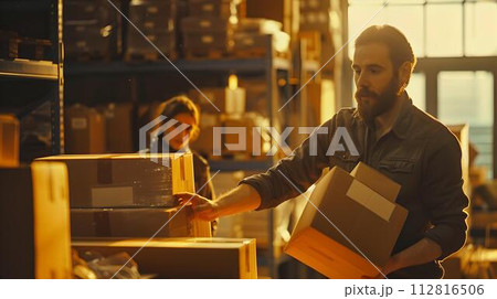 Warehouse worker organizes boxes during busy workday. casual clothing and industrious atmosphere. image perfect for logistics and supply chain themes. AI Warehouse worker organizes boxes during busy workday. casual clothing and industrious atmosphere. image perfect for logistics and supply chain themes. AI 112816506