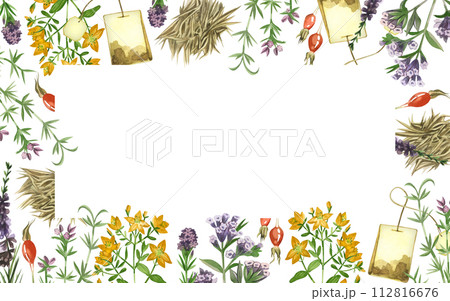 Watercolor illustration. Rectangular frame made of tea, meadow herbs and flowers, oregano, rosehip, tea leaves, tea bag, all hand-painted with watercolors. For printing on fabric, paper, design. 112816676