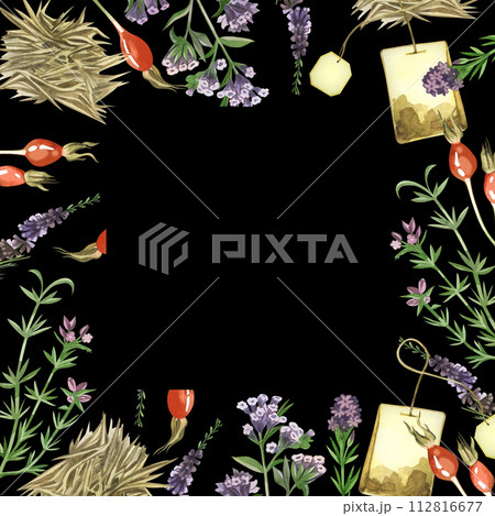 Watercolor illustration. Square frame made of herbal tea, meadow herbs, flowers, oregano, rose hips, tea leaves, tea bag hand drawn in watercolor. For printing on fabric, paper, design, scrapbooking. 112816677