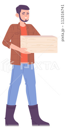 Happy young man with wooden box. Natural product delivery 112816741