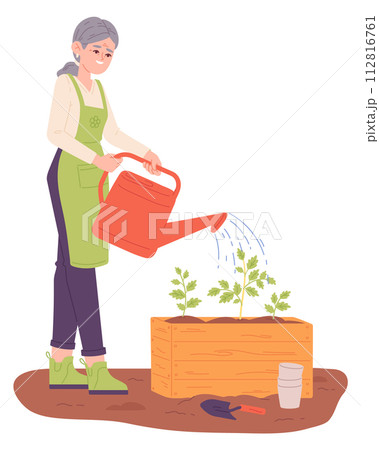 Old woman watering plants from can. Gardening illustration 112816761