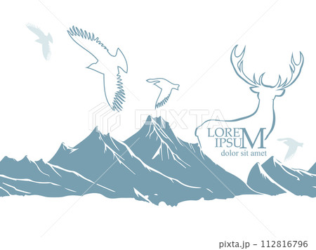 Mountain deer and flying birds. hand drawing. Not AI, Vector illustration Mountain deer and flying birds. hand drawing. Not AI, Vector illustration 112816796