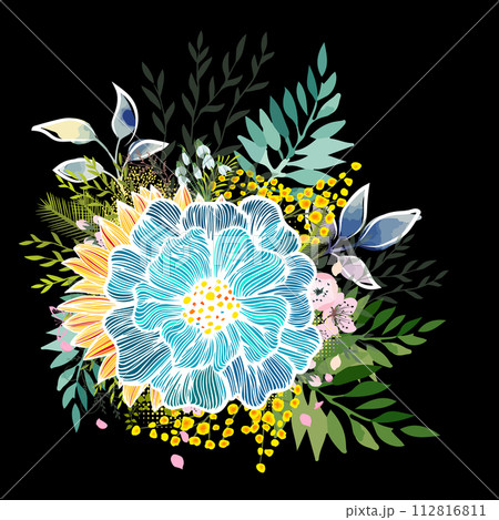 Floral abstraction on a black background. hand drawn. Not AI . Vector illustration 112816811