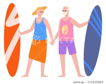 Happy old man and woman with surfing boards. Seniors together 112816883