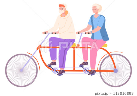 Senior couple ride tandem bike. Active old people 112816895