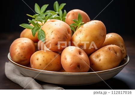 Fresh potatoes in a plate on a dark background. 112817016