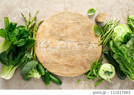 Green vegetable background. Various green vegetables. Veggies. Clean eating, healthy vegetarian, vegan food concept, copy space, top view 112817065