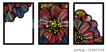 Set of abstract flower posters. Trendy botanical wall arts with floral design. Graphic colored flowers wall paintings. Modern naive groovy funky interior decorations, paintings. Vector 112817234