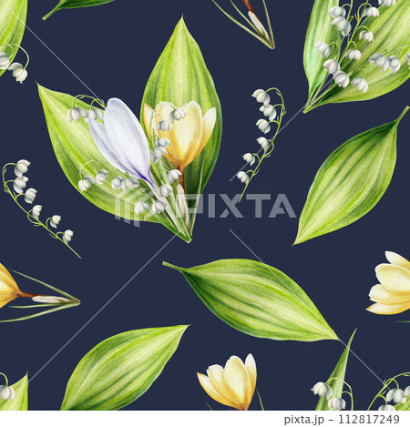 Watercolor seamless pattern with bouquet of yellow and white blooming crocus and lily of the valley flowers isolated on background. Spring and easter botanical hand painted saffron illustration. For 112817249