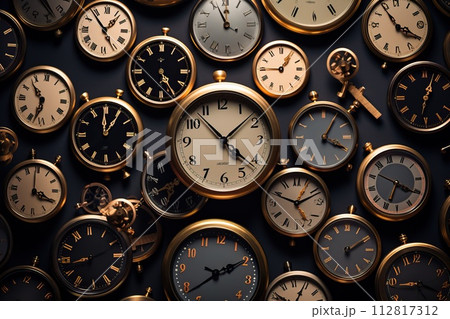 Many antique pocket watches on dark background. Time concept. 112817312