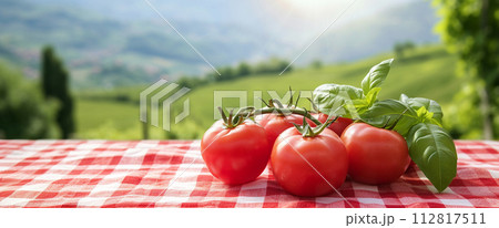 AI-generated content. Tomatoes And A Jar Of Cheese Are On A Checkered Table Cloth 112817511