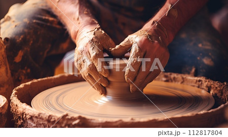 Potter at work. Hands of the master close-up. The process of making pottery. 112817804
