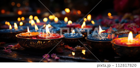 Pattern for Diwali. Bright festive design with candles. 112817820