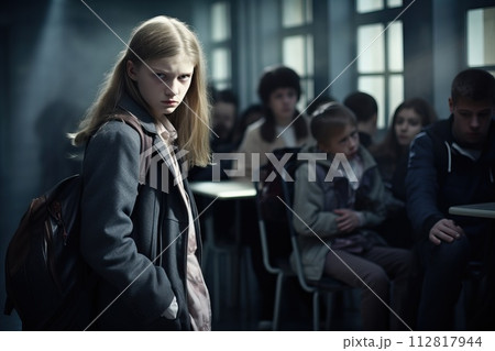 Creative concept on the topic of bullying at school. Sad children at school 112817944